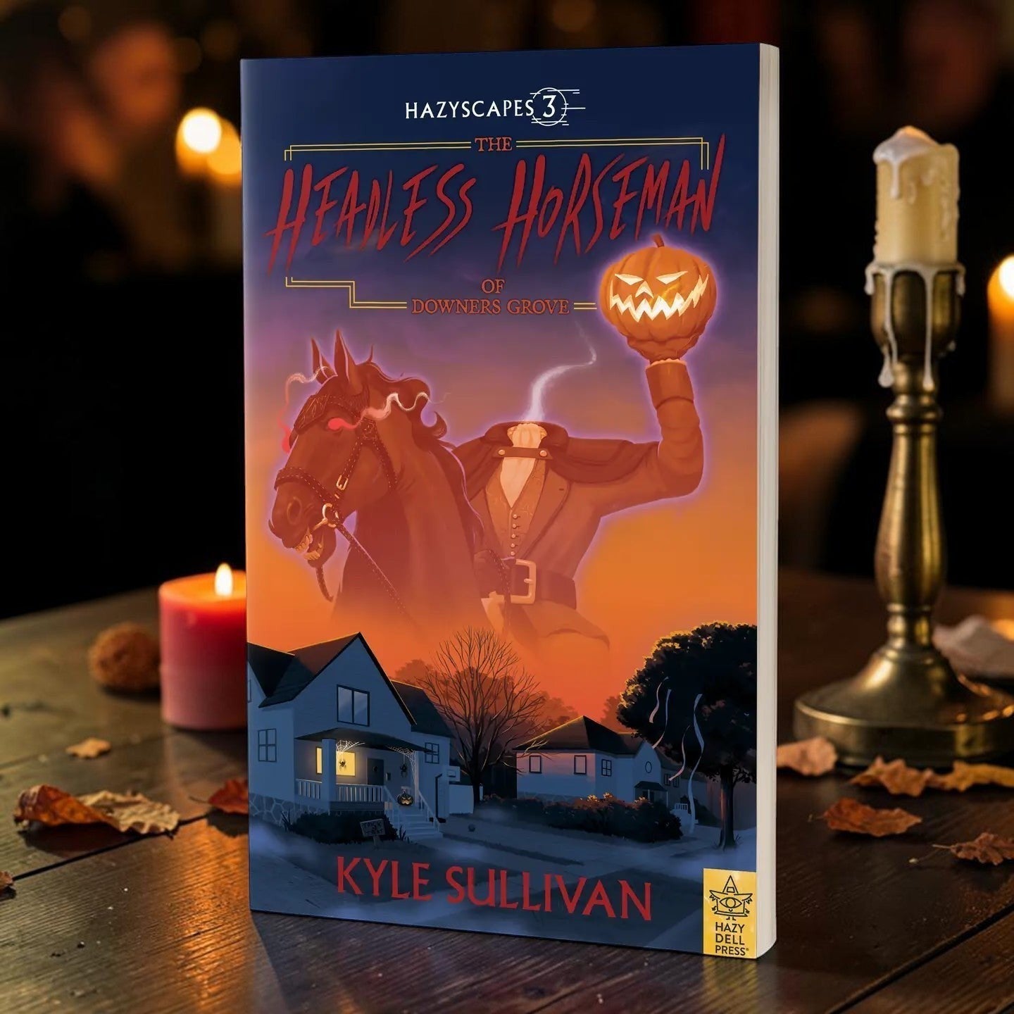 Halloween-Emporium book cover for The Headless Horseman of Downers Grove featuring a spooky horseman and pumpkin head