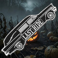 Halloween-Emporium embroidered iron-on patch featuring a black and white vintage hearse with Last Ride text.