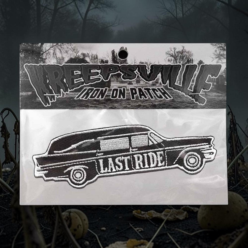 Halloween-Emporium Kreepsville 666 black and white embroidered hearse patch with Last Ride text and iron-on backing.