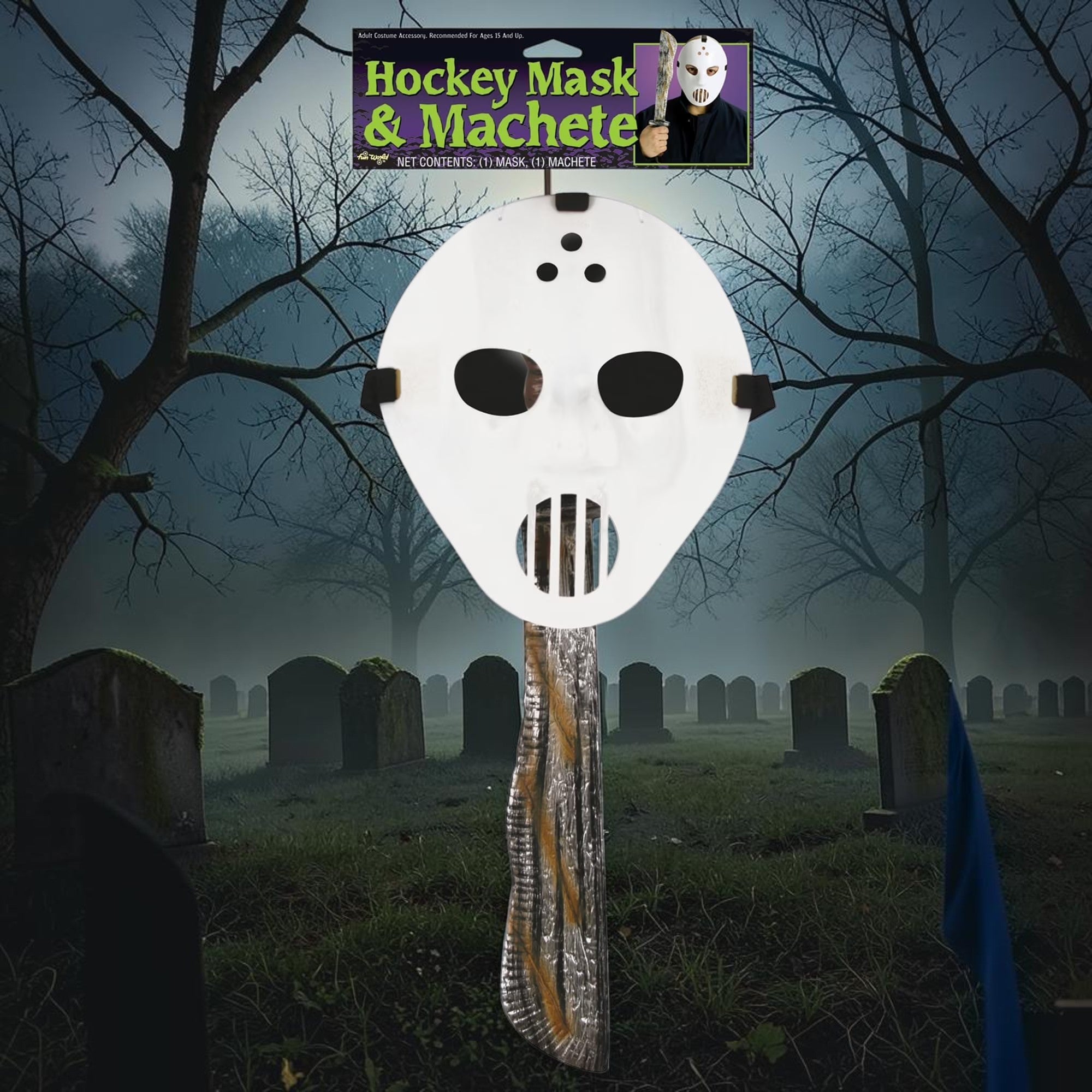 Halloween-Emporium hockey mask and distressed prop machete set for horror costumes