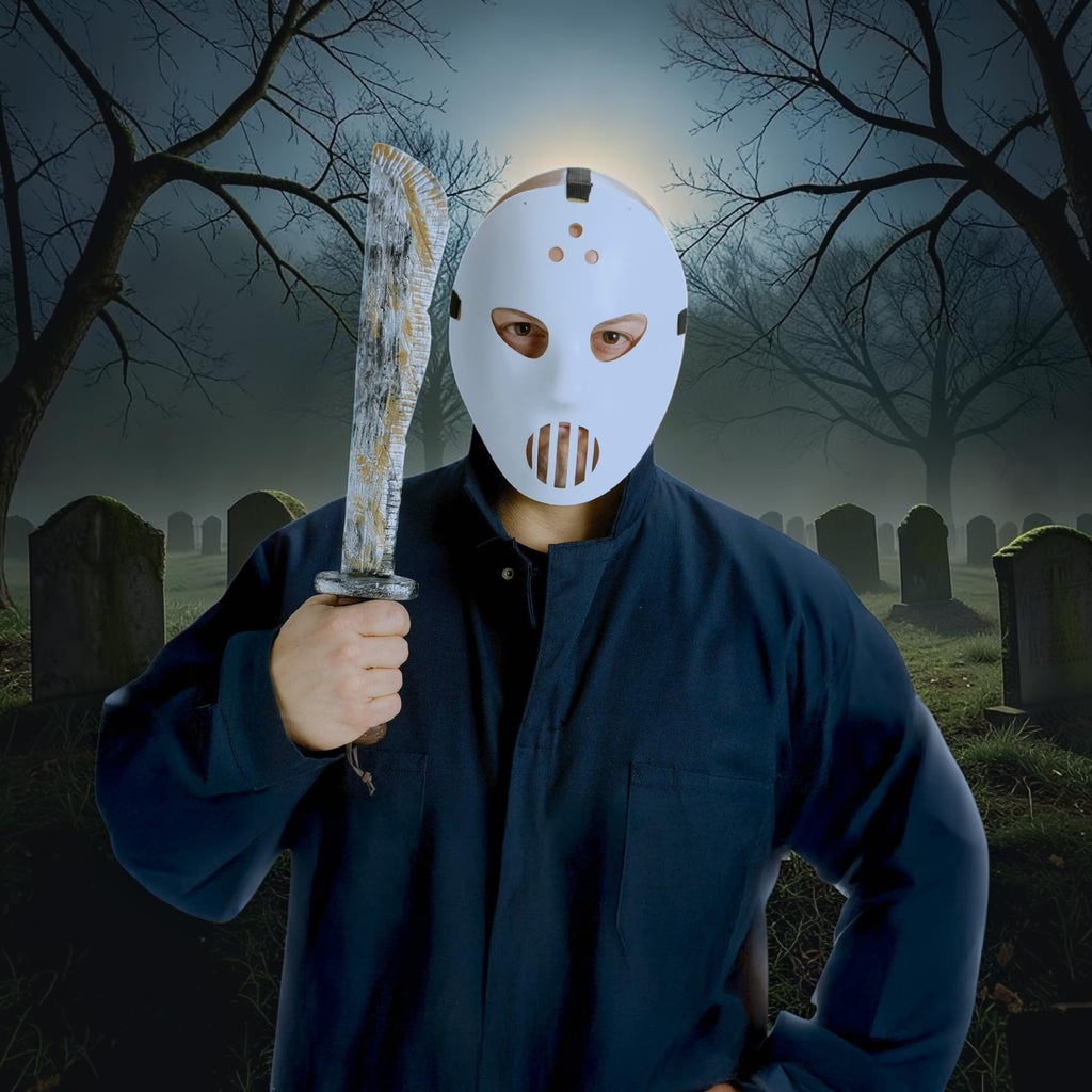 Halloween-Emporium hockey mask and distressed prop machete set worn by a person in a dark graveyard setting.