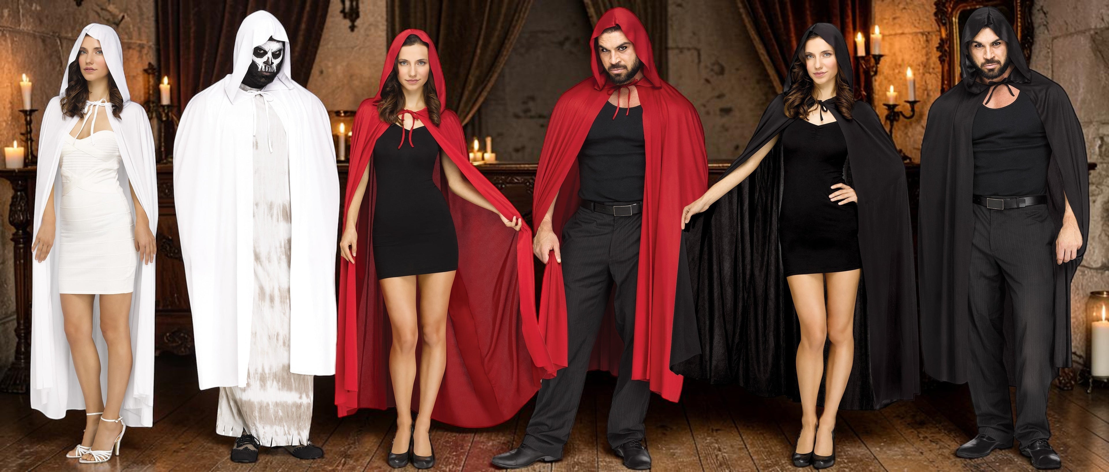 Halloween-Emporium 68-inch hooded capes in white, red, and black worn by models in a gothic castle setting.