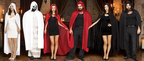 Halloween-Emporium 68-inch hooded capes in white, red, and black worn by models in a gothic castle setting.