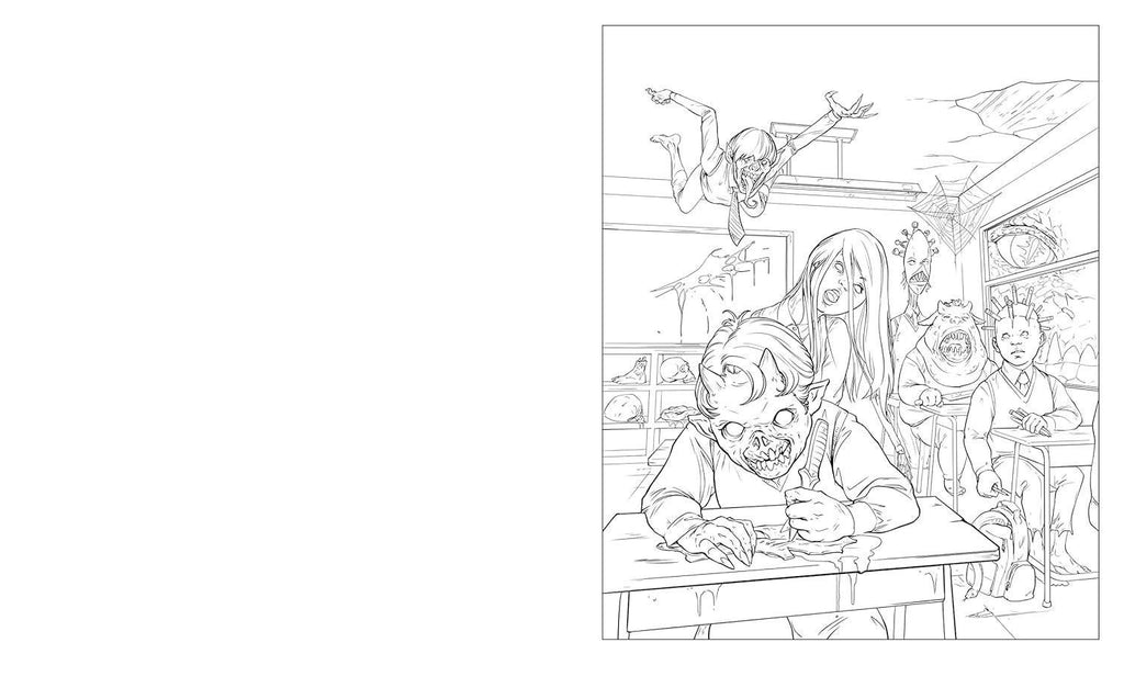Halloween-Emporium Shocking Horror Coloring Book page featuring a detailed black and white classroom monster scene.