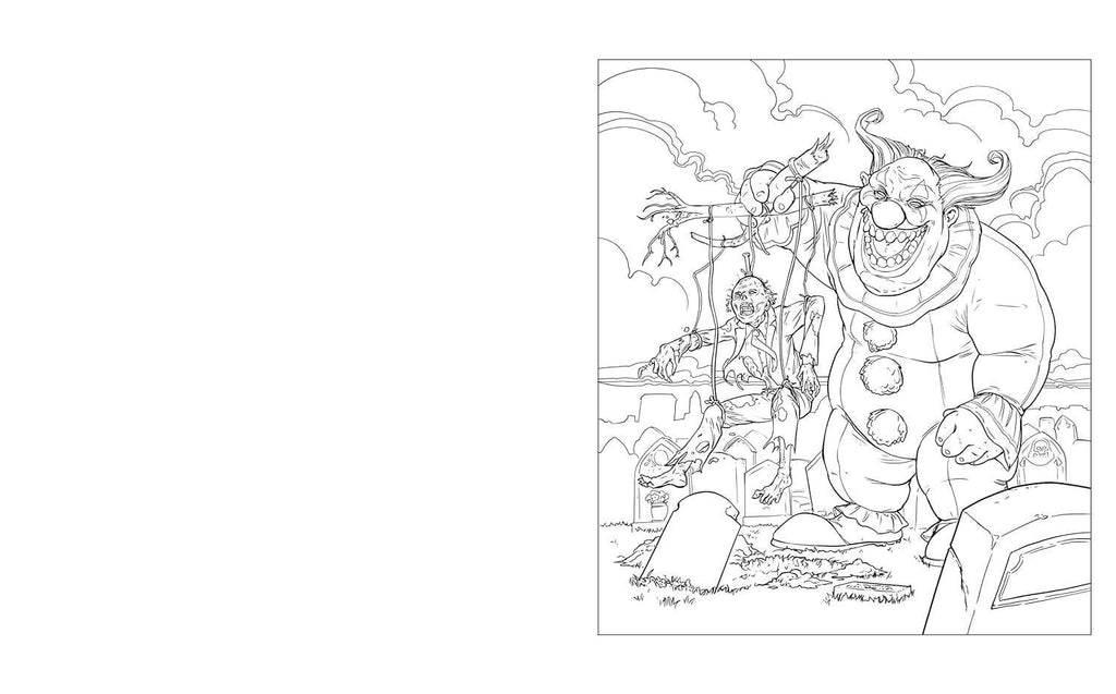 Halloween-Emporium Shocking Horror coloring book page featuring a giant killer clown puppet master in a graveyard.