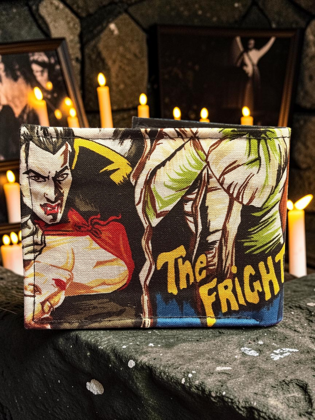 Halloween-Emporium hand crafted bifold wallet featuring classic horror comic book art with vampire and mummy graphics