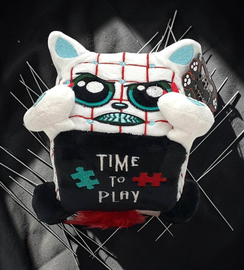 Halloween-Emporium Squaredy Cats horror plush toy with white grid pattern, teal accents, and Time to Play graphic.