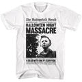 Halloween-Emporium white cotton t-shirt featuring a vintage horror movie newspaper headline graphic print.