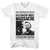 Halloween-Emporium white cotton t-shirt featuring a vintage horror movie newspaper headline graphic print.