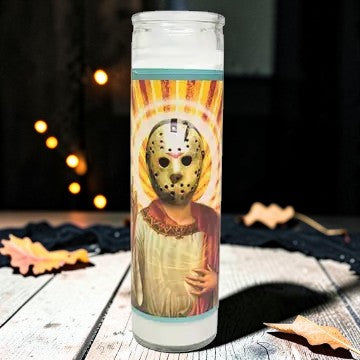 Halloween-Emporium 8-inch white wax prayer candle featuring Jason Voorhees in saint-like pop art on a glass container.