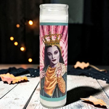 Halloween-Emporium horror icon devotional prayer candle featuring pop art saint design on a white wax glass pillar.