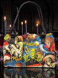 Halloween-Emporium purple handbag featuring a vintage classic horror movie monster print with black leather handles.