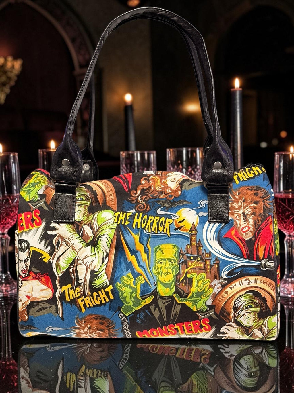 Halloween-Emporium handbag featuring a colorful vintage classic horror monster movie comic book print