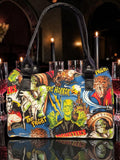 Halloween-Emporium handbag featuring a colorful vintage classic horror monster movie comic book print