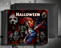 Halloween-Emporium bi-fold wallet featuring a Michael Myers horror movie collage in vibrant red and black synthetic leather