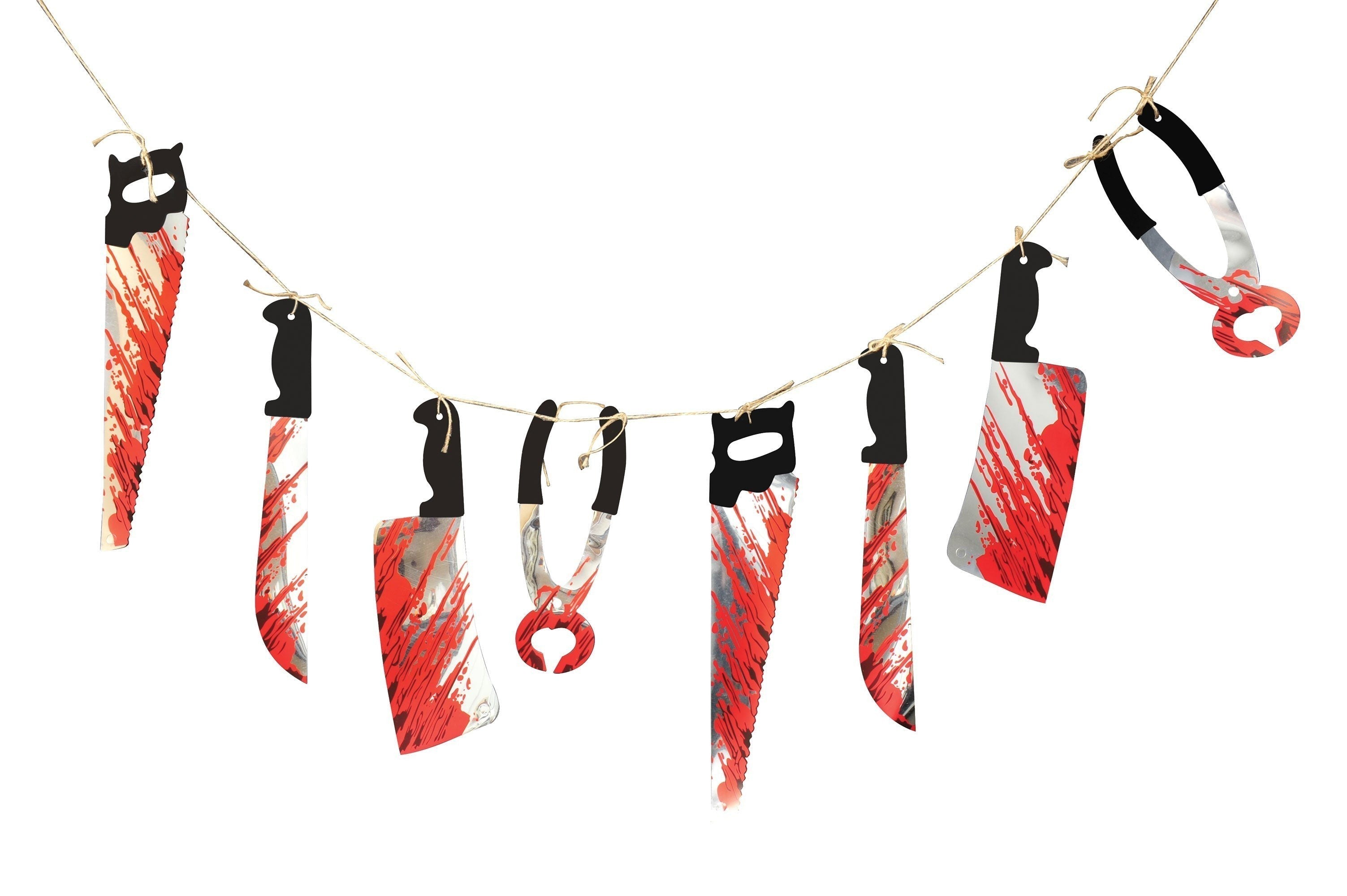 Halloween-Emporium horror party garland featuring blood-stained butcher knives, saws, and pliers on a twine string.