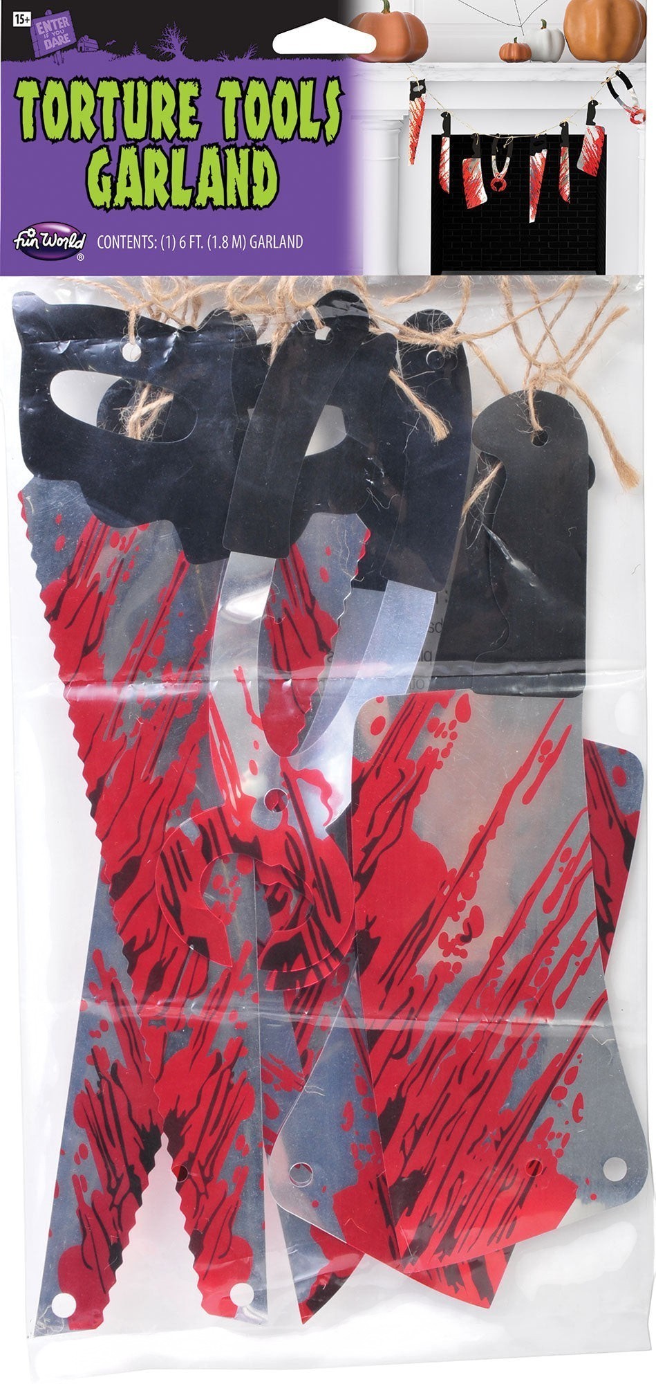 Halloween-Emporium horror themed garland featuring blood-stained butcher knives and saws for spooky party decor