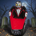 Halloween-Emporium inflatable vampire rising from a black and red spiderweb coffin for outdoor yard decoration