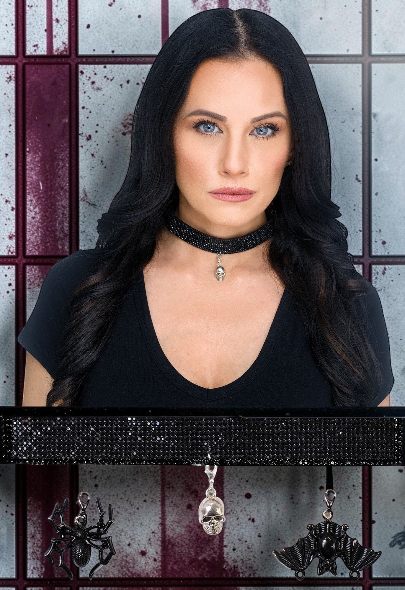 Halloween-Emporium black crystal choker with interchangeable skull, spider, and bat charms worn by a woman.