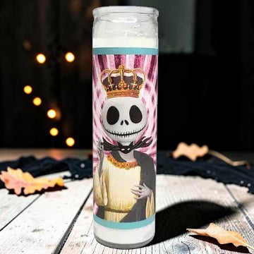 Halloween-Emporium 8-inch white wax prayer candle featuring Jack Skellington pop art in a glass container