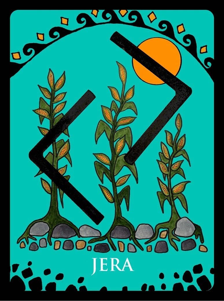 Halloween-Emporium Jera rune oracle card featuring green corn stalks, a sun, and black runic symbols on a teal background