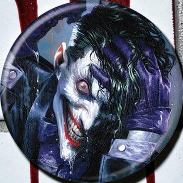 Halloween-Emporium 1.25 inch round button featuring the Joker 80th anniversary Dellotto variant comic book artwork