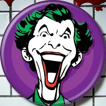 Halloween-Emporium Joker button featuring a classic comic book illustration of the villain on a purple background.