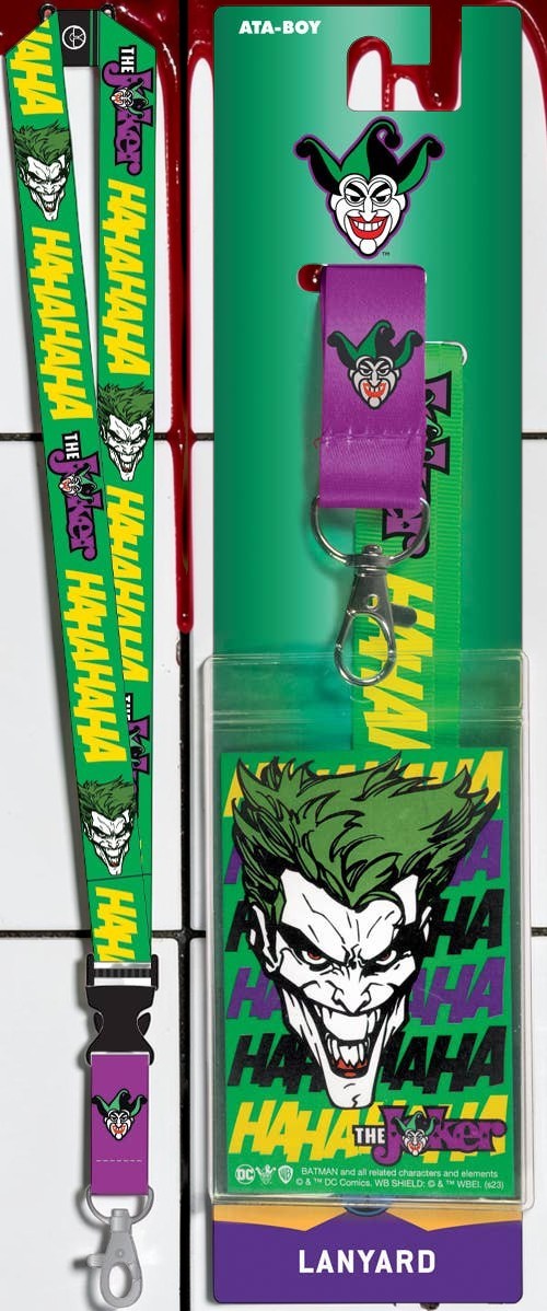 Halloween-Emporium Joker lanyard with ID holder featuring green and purple comic book graphics and Hahaha text
