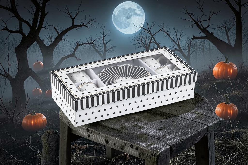 Halloween-Emporium Josephine porcelain demitasse cups and saucers set in a black and white striped and dotted gift box