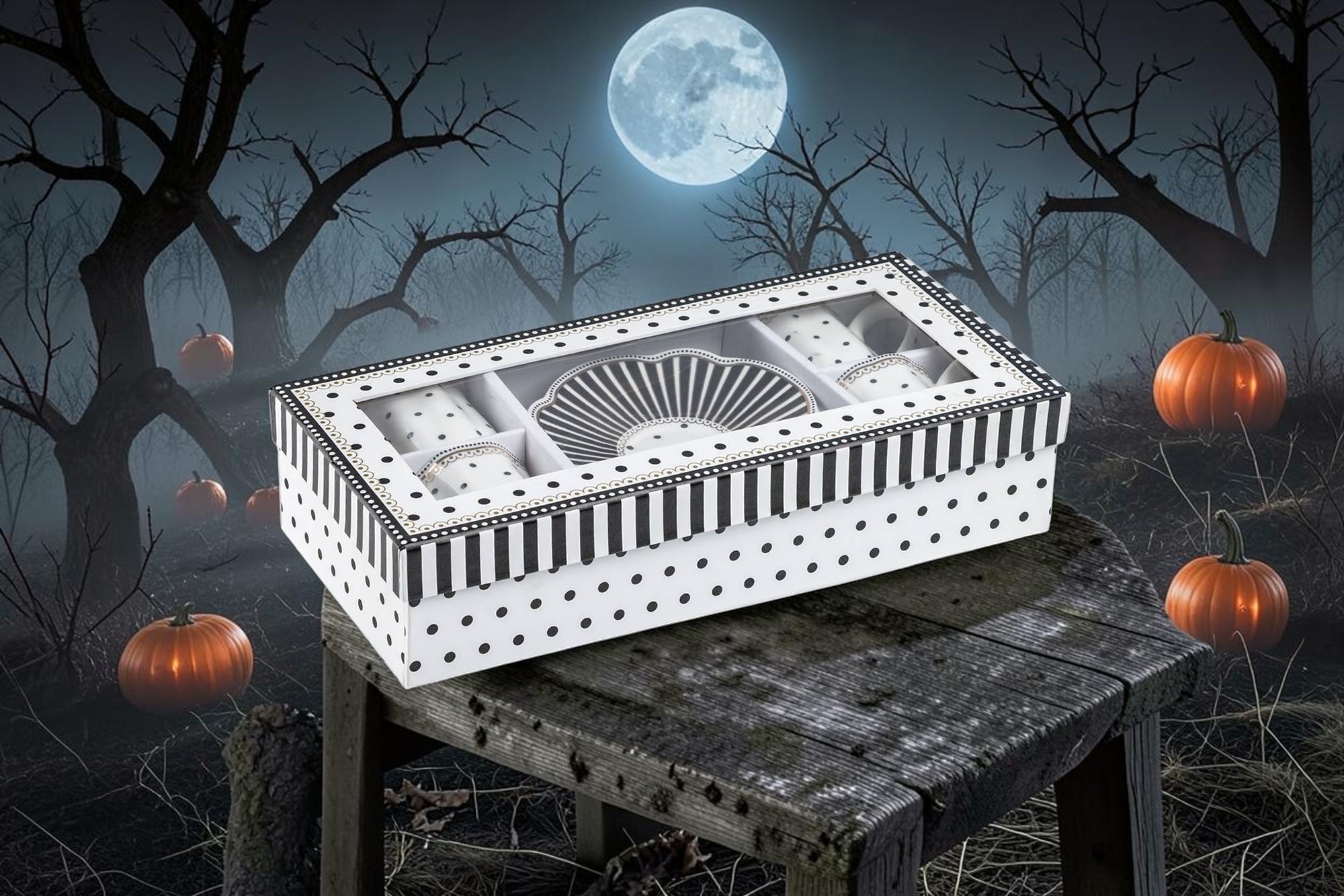 Halloween-Emporium Josephine porcelain demitasse cups and saucers set in a black and white striped and dotted gift box