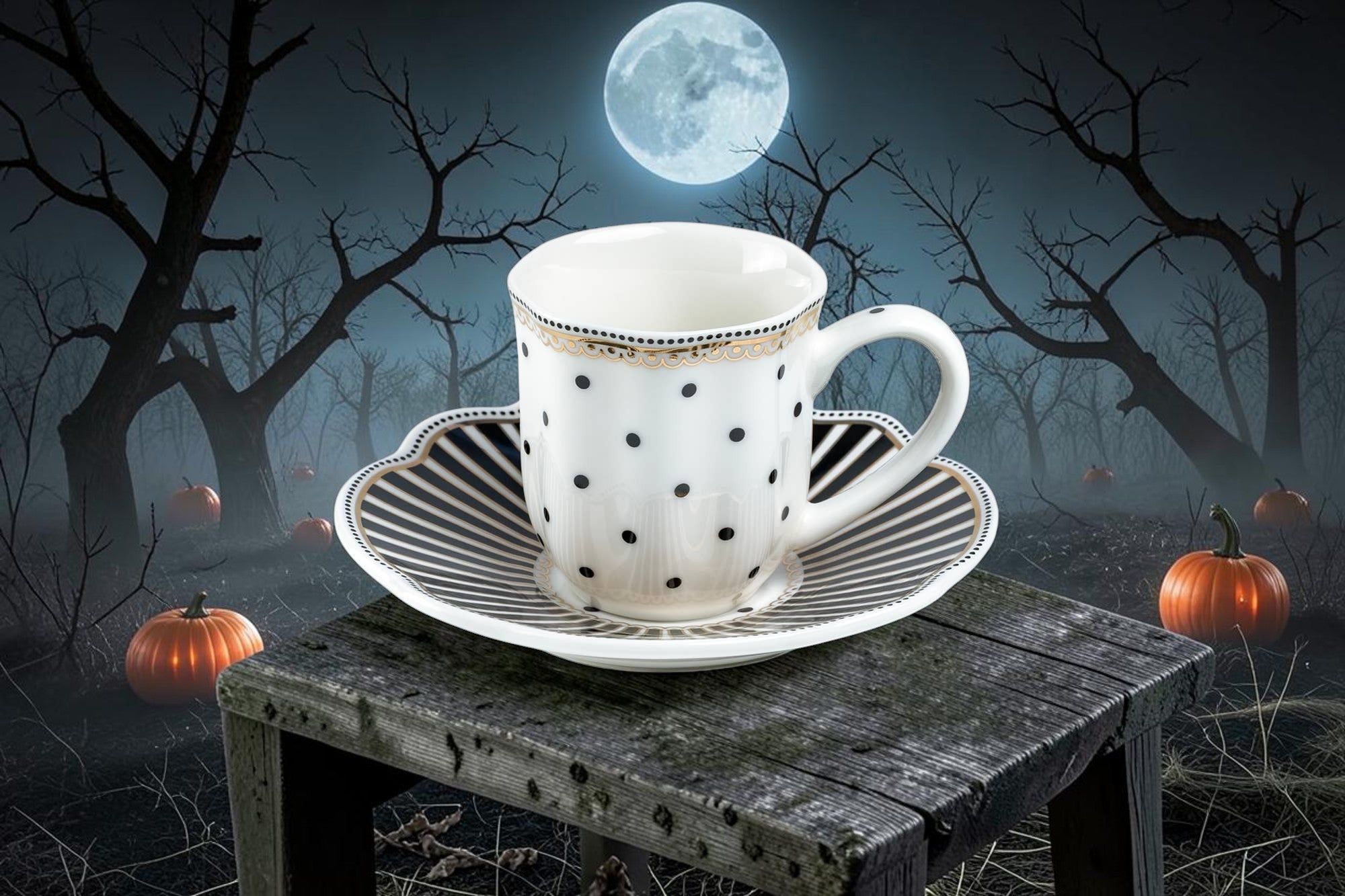 Halloween-Emporium Josephine porcelain demitasse cup and saucer set with black polka dots, stripes, and gold trim.