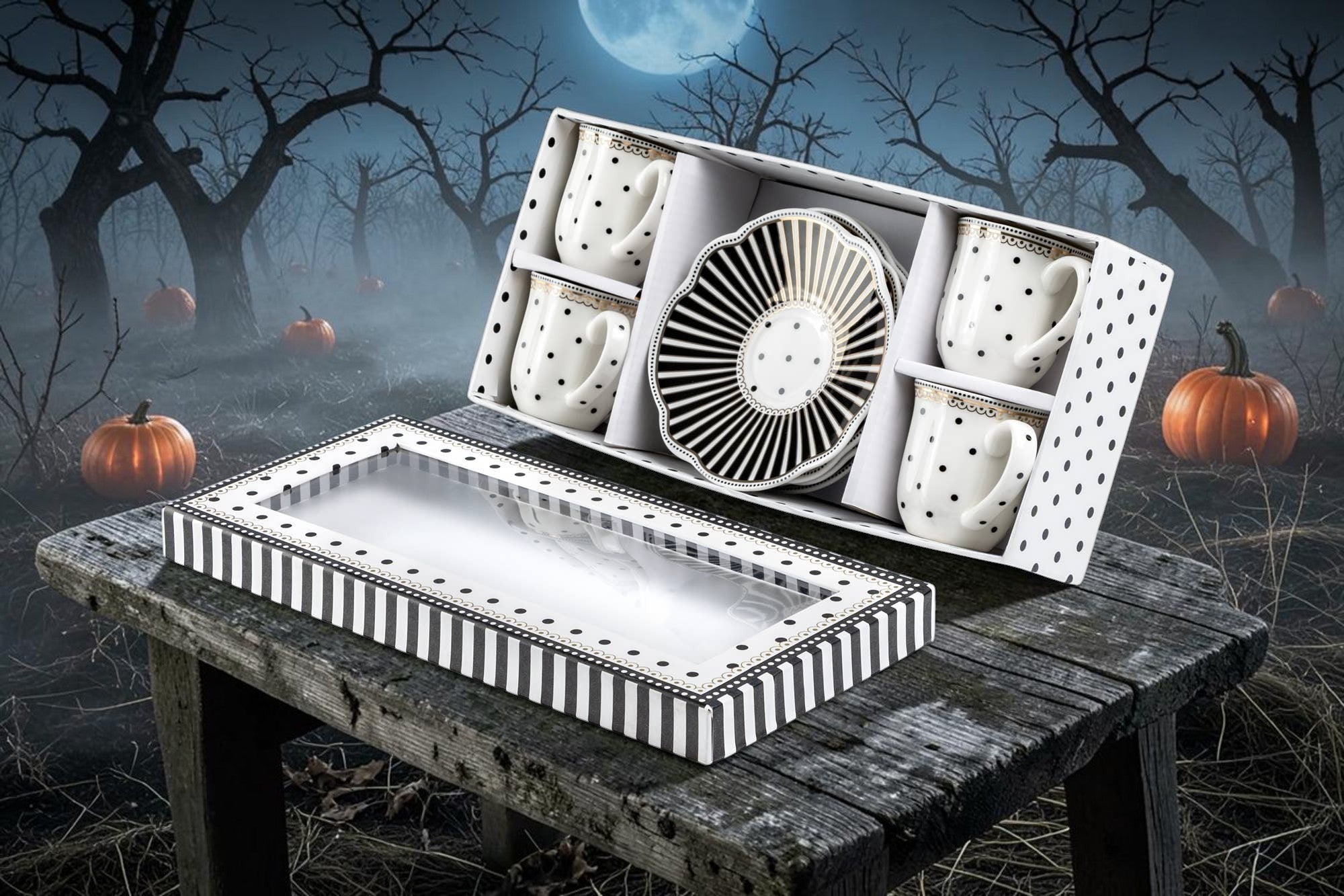 Halloween-Emporium Josephine black and white porcelain demitasse cups and saucers set with gold trim in a gift box.