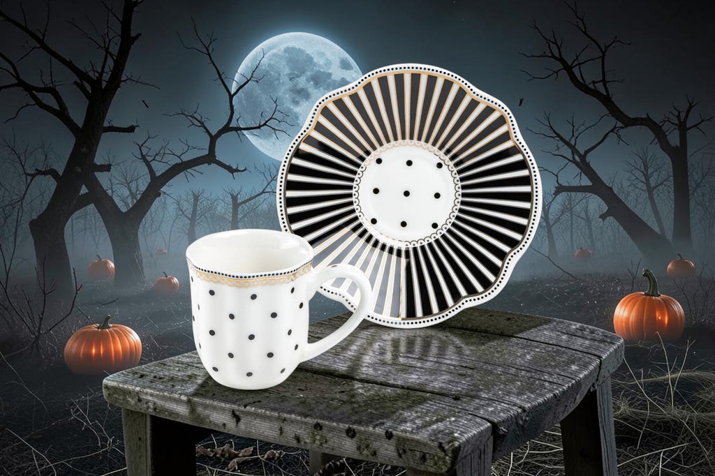 Halloween-Emporium Josephine porcelain demitasse cup and saucer set with black stripes, dots, and gold trim detail.