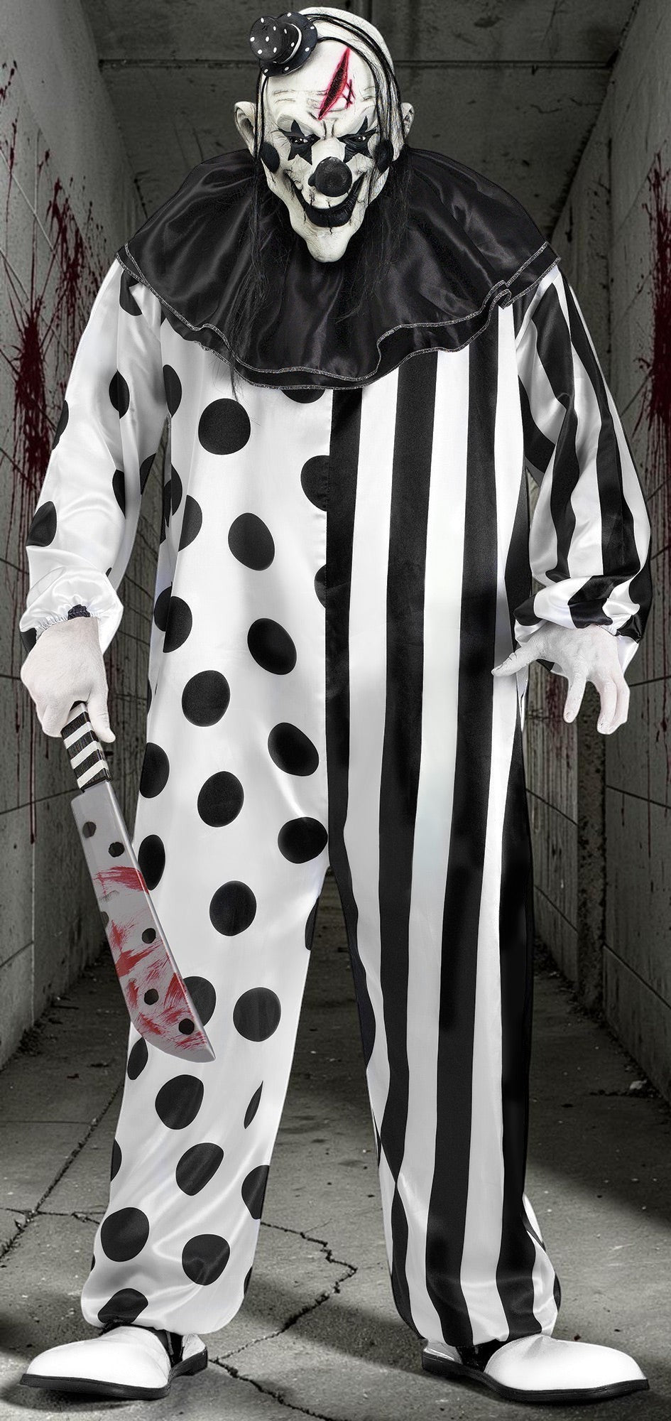 Halloween-Emporium adult killer clown costume with split-pattern jumpsuit, black ruffled collar, and latex mask.