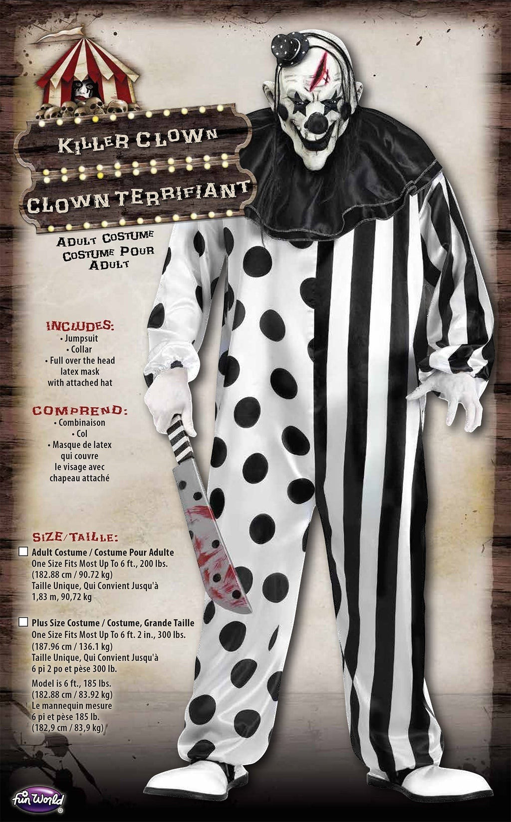 Halloween-Emporium Killer Clown adult costume featuring a split-pattern jumpsuit, black ruffled collar, and latex mask.