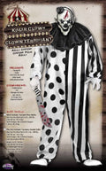 Halloween-Emporium Killer Clown adult costume featuring a split-pattern jumpsuit, black ruffled collar, and latex mask.