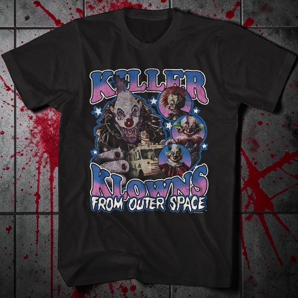 Halloween-Emporium black cotton crewneck t-shirt featuring vibrant Killer Klowns From Outer Space graphic print.