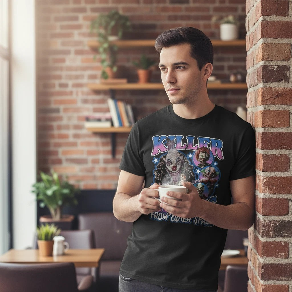 Halloween-Emporium black cotton crewneck t-shirt featuring vibrant Killer Klowns From Outer Space graphic print
