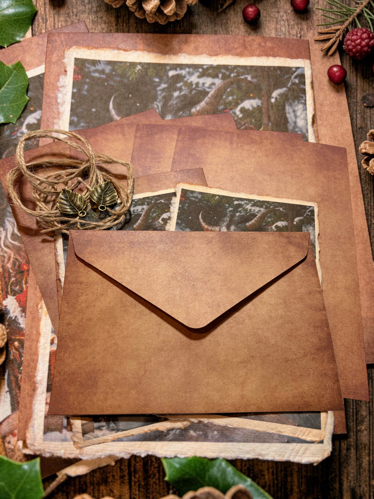 Halloween-Emporium Krampus greeting card set with vintage textured paper, rustic twine, and antique leaf charms.