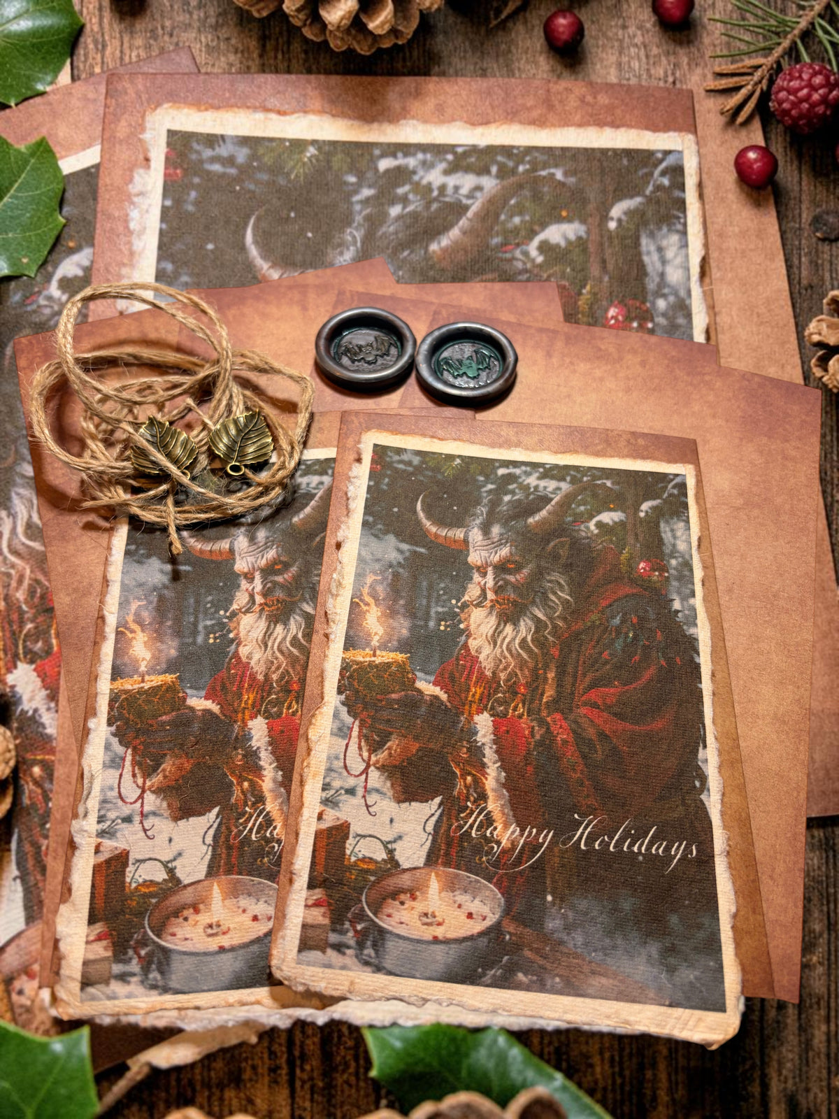 Halloween-Emporium Krampus greeting card set with vintage textured paper, wax seals, twine, and leaf charms.