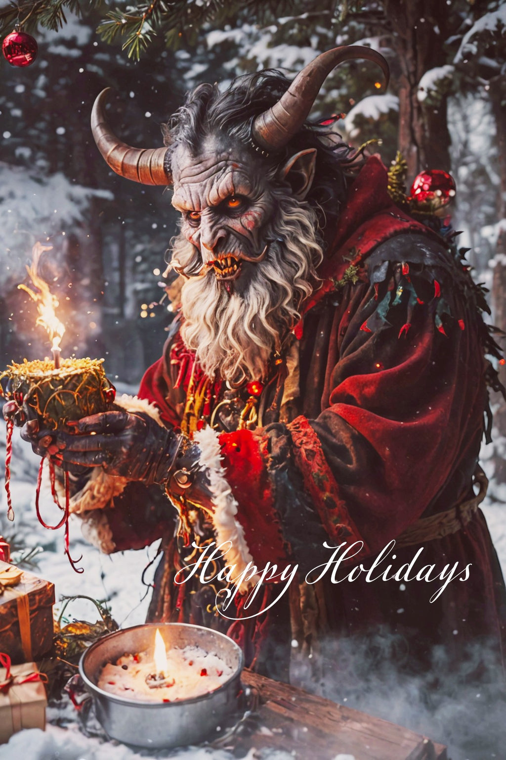 Halloween-Emporium Krampus greeting card featuring a detailed, moody illustration of Krampus holding a candle in snow.