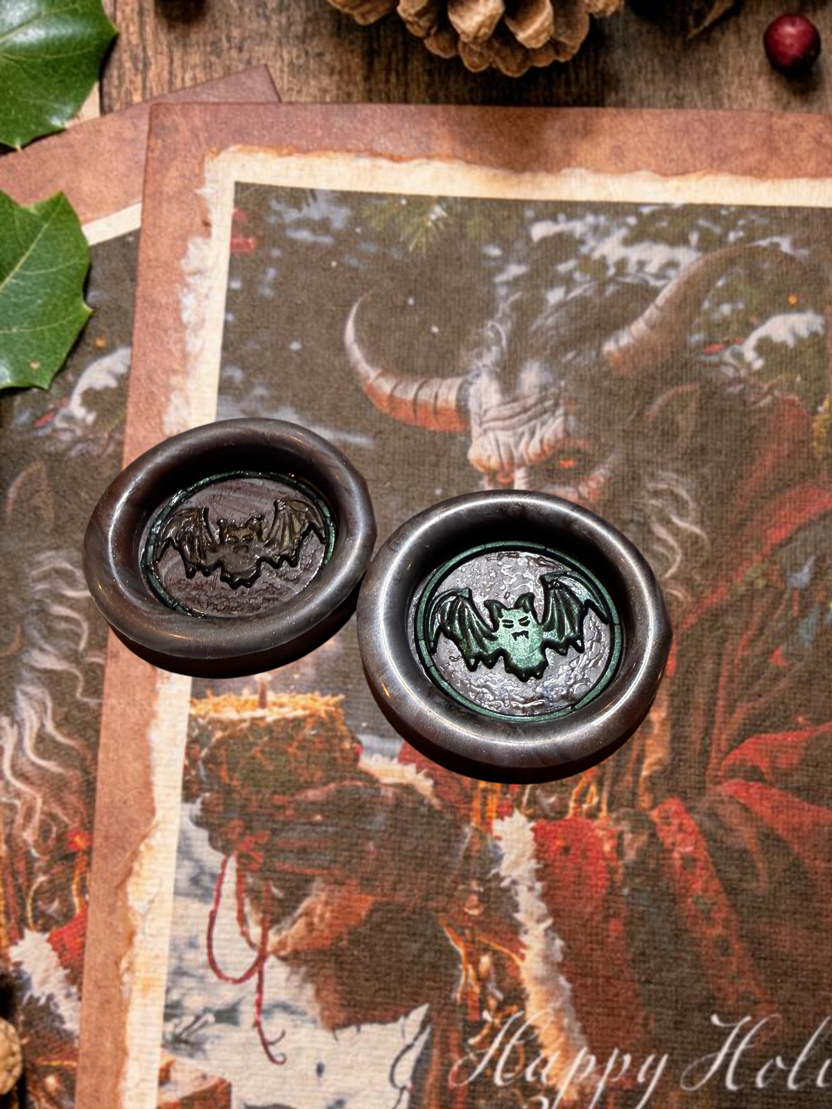 Halloween-Emporium Krampus greeting card set featuring two detailed bat wax seals on vintage-style holiday stationery