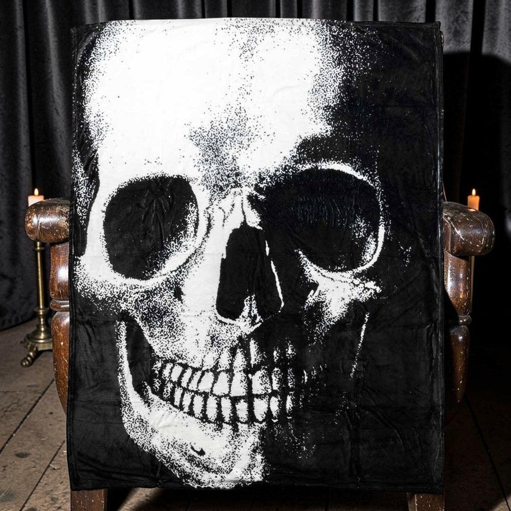 Halloween-Emporium KREEPSVILLE plush throw blanket featuring a large high-contrast black and white skull graphic.