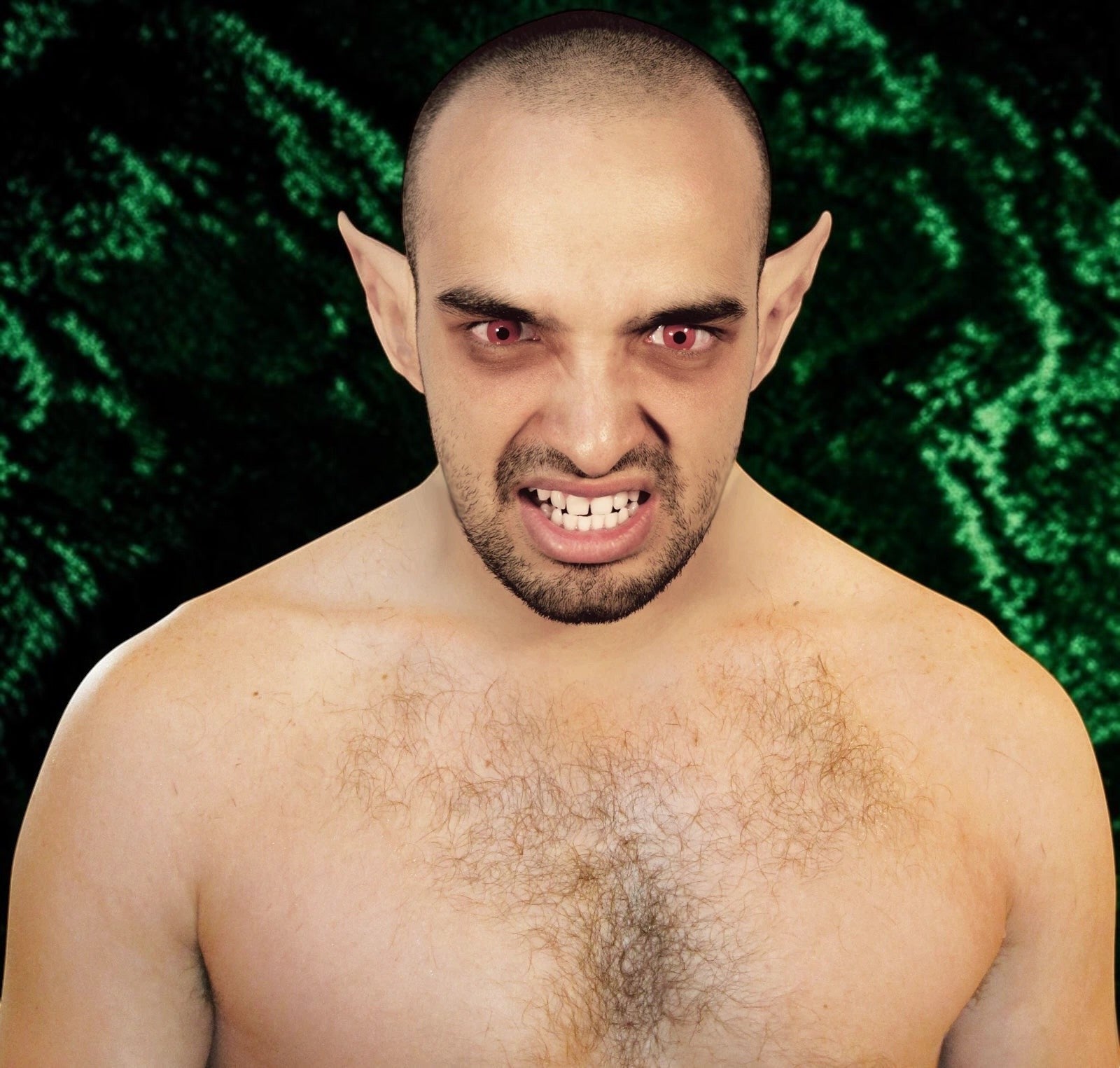 A man wearing realistic latex demon ears from Halloween-Emporium for a dark fantasy cosplay look.