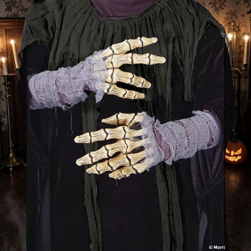 Halloween-Emporium adult latex skeleton bone hands with distressed gauze wrapping for a realistic undead costume look