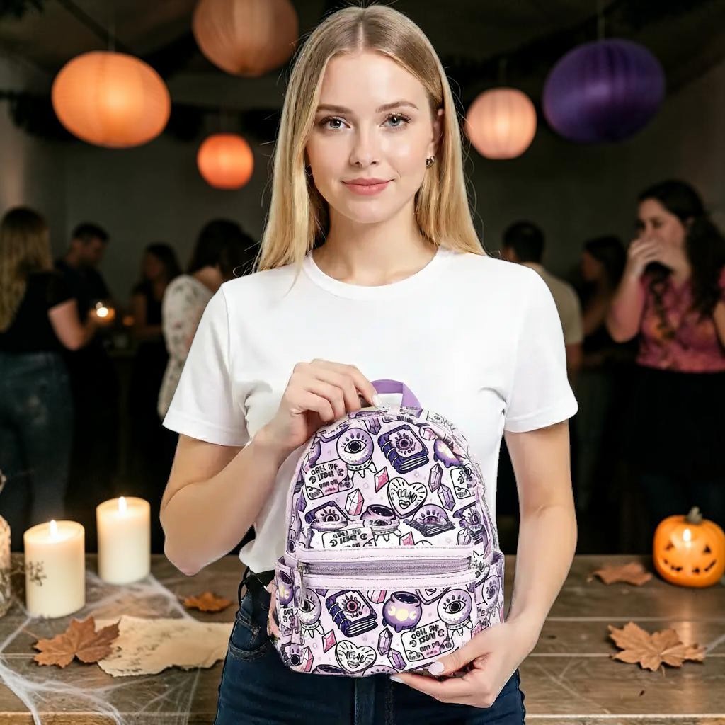 Halloween-Emporium lavender mini backpack with occult symbols held by a blonde woman in a festive party setting.