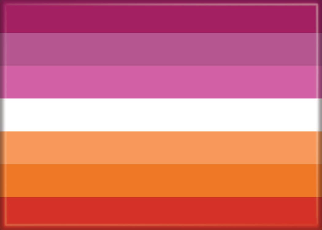 Halloween-Emporium lesbian pride flag magnet with seven horizontal stripes in shades of pink, white, and orange.