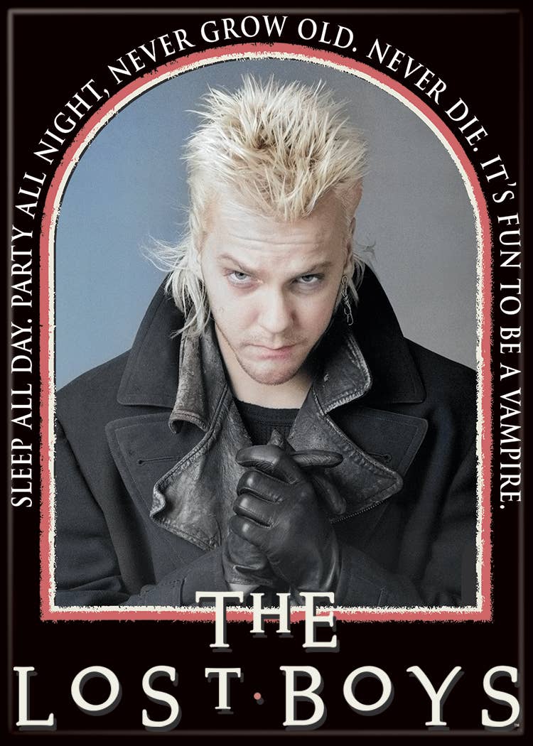Halloween-Emporium Lost Boys David magnet featuring the iconic quote Sleep All Day Party All Night on a rectangular frame