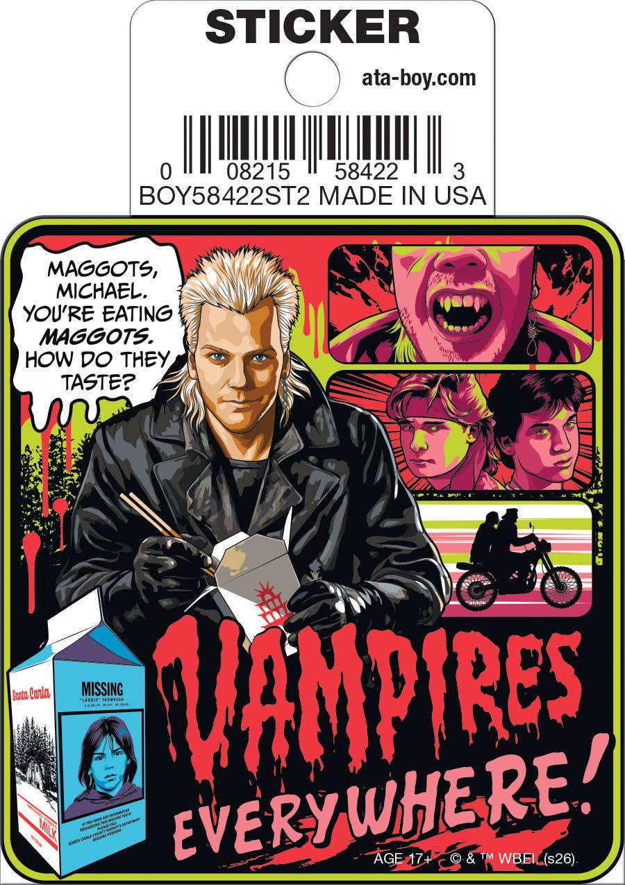 Halloween-Emporium vinyl die-cut sticker featuring David from The Lost Boys with iconic movie quotes and artwork.