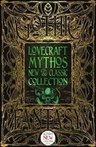 Halloween-Emporium H.P. Lovecraft Mythos hardback book with ornate gold filigree cover and green Cthulhu illustration.